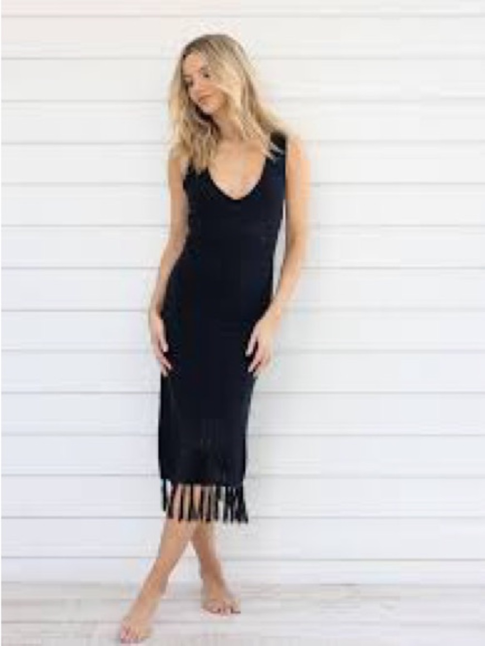 Sleeveless Black Fringe Midi Dress